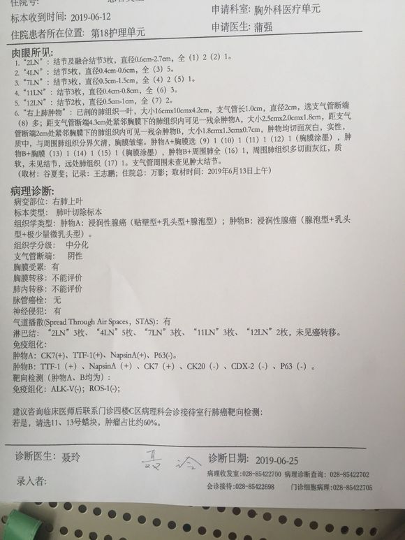 我爸肺腺癌才拿到病理报告，请大神看下预后如何？